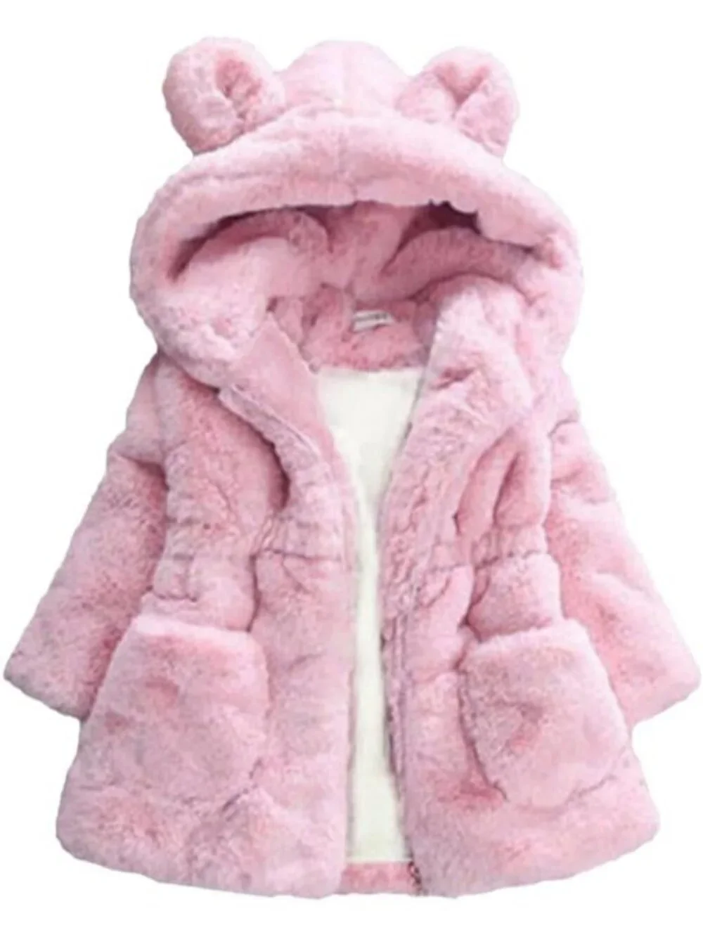 Kids Girls Pink Polyester Winter Warm Outwear Ear Hooded Faux Fur Thicken Fleece